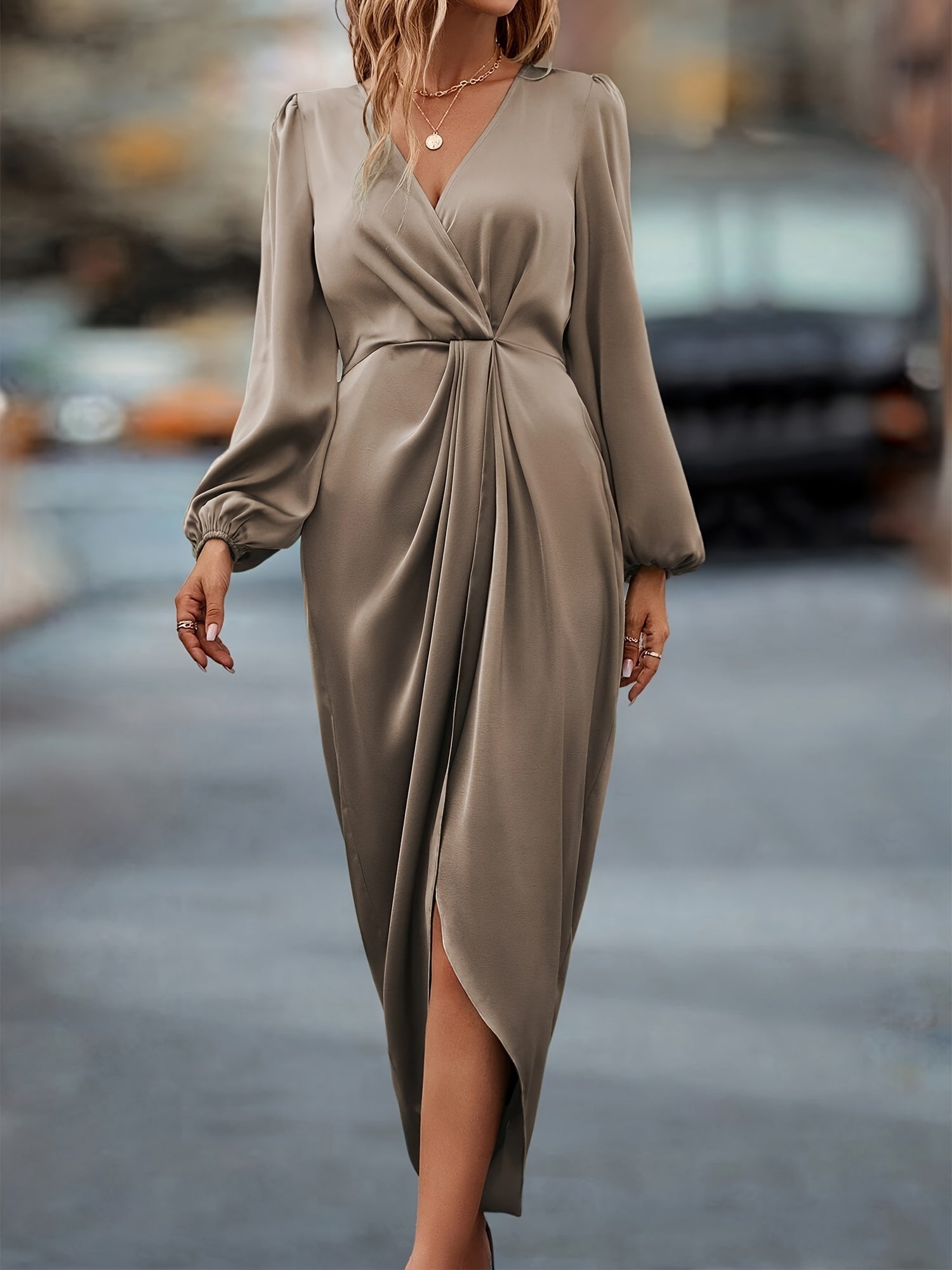Women's Satin Balloon Sleeve Midi Dress – Asymmetric Hem Elegant Evening Gown