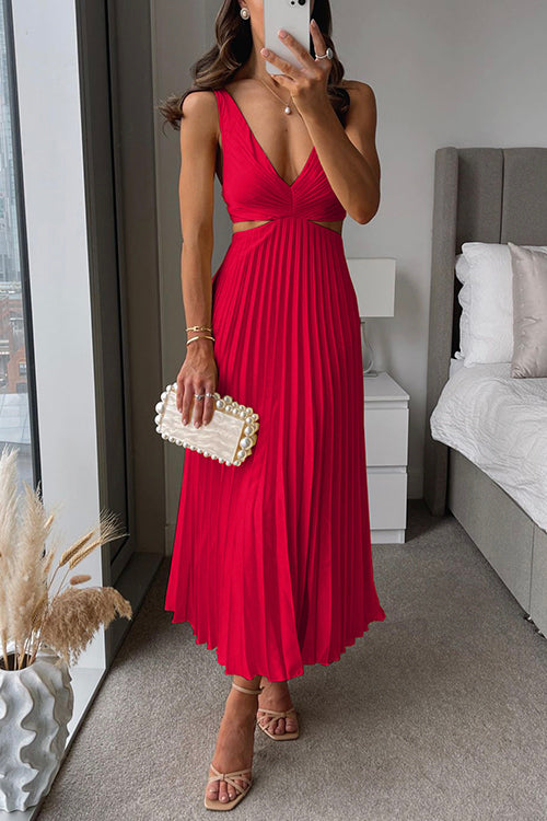 Women's Satin Maxi Dress – Pleated V-Neck Structured Elegant Evening Gown