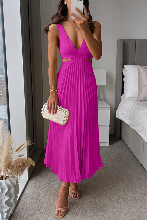 Women's Satin Maxi Dress – Pleated V-Neck Structured Elegant Evening Gown