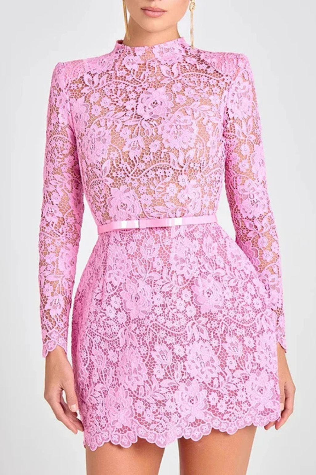 Women's Floral Lace Mini Dress – High Neck Belted Style