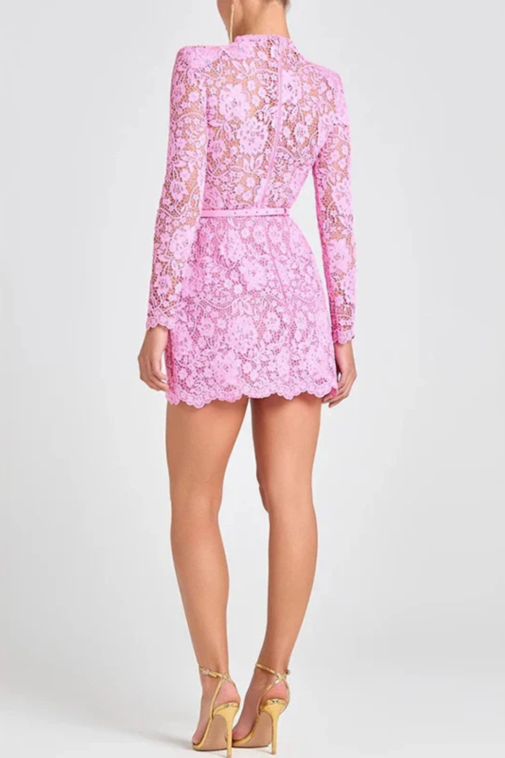 Women's Floral Lace Mini Dress – High Neck Belted Style