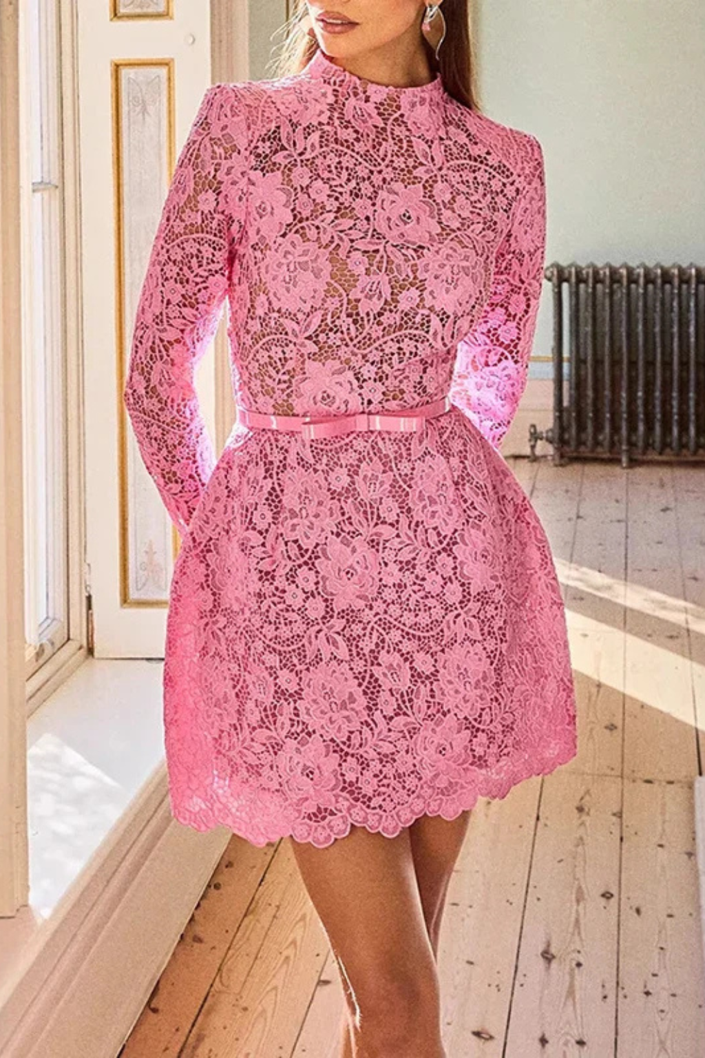 Women's Floral Lace Mini Dress – High Neck Belted Style