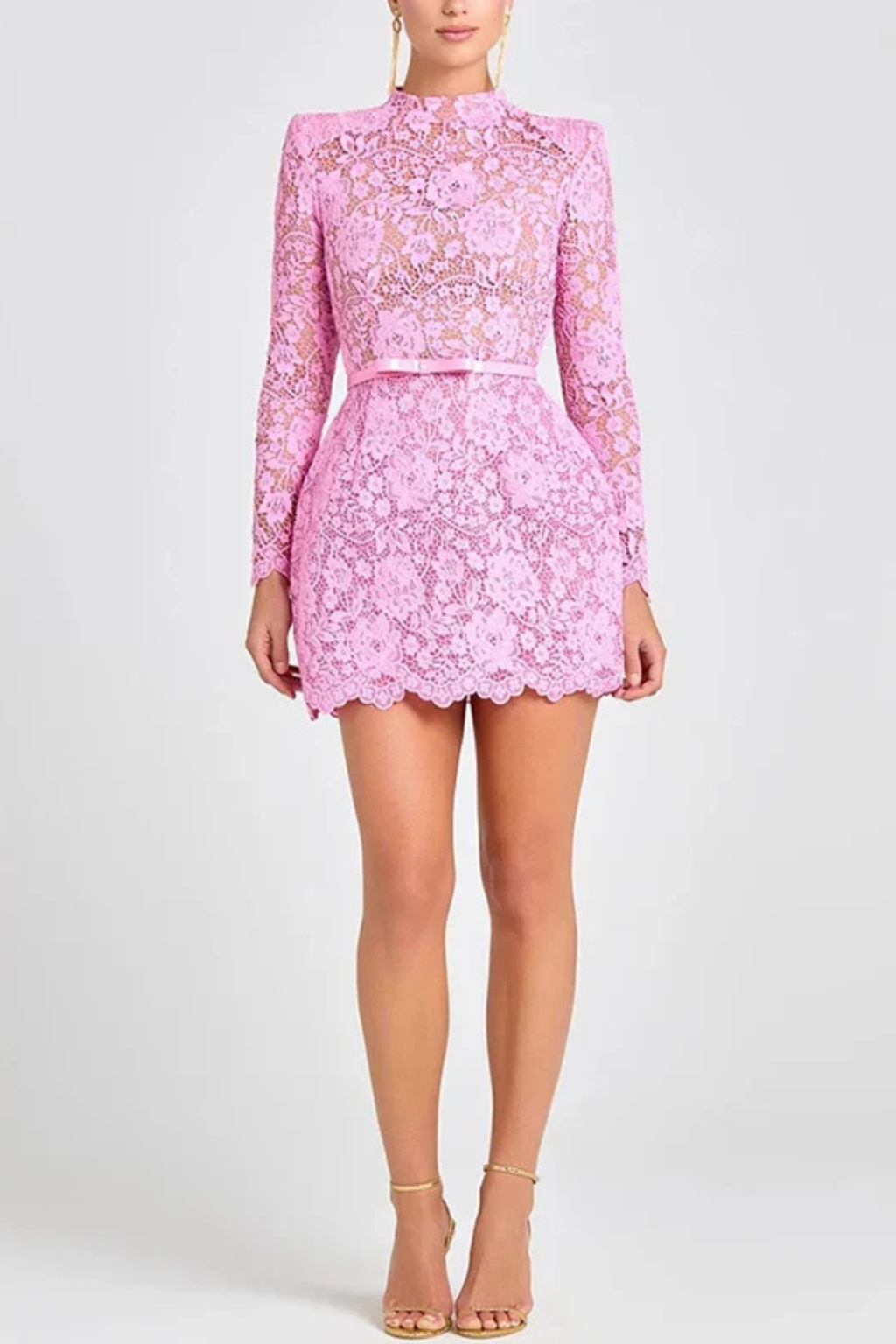 Women's Floral Lace Mini Dress – High Neck Belted Style