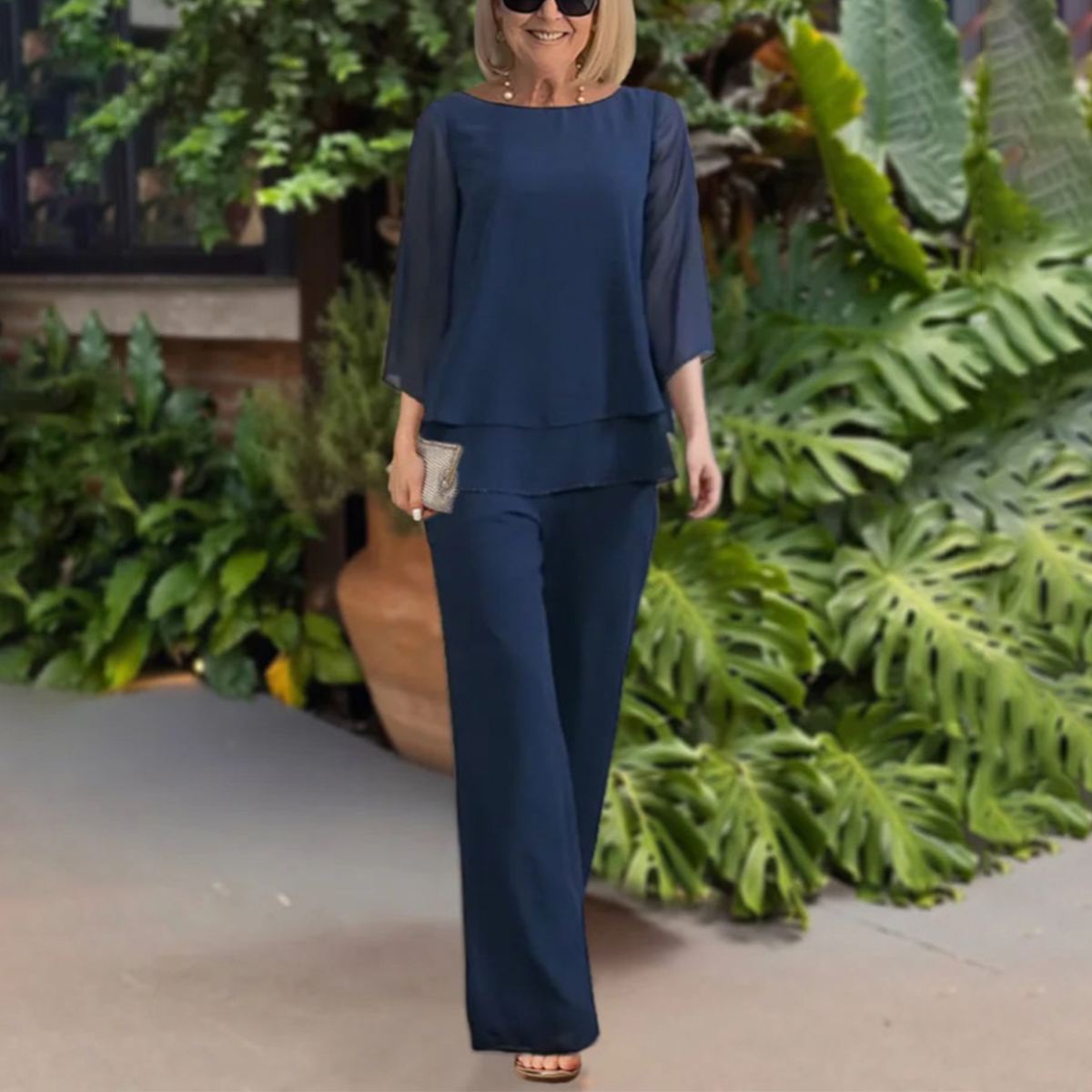 Women's Elegant Two-Piece Set – 3/4 Sleeve Top and Comfortable Pants Style