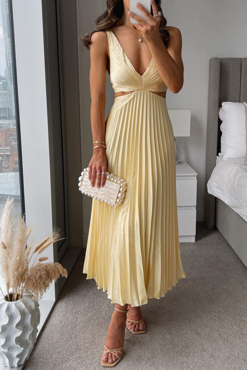 Women's Satin Maxi Dress – Pleated V-Neck Structured Elegant Evening Gown