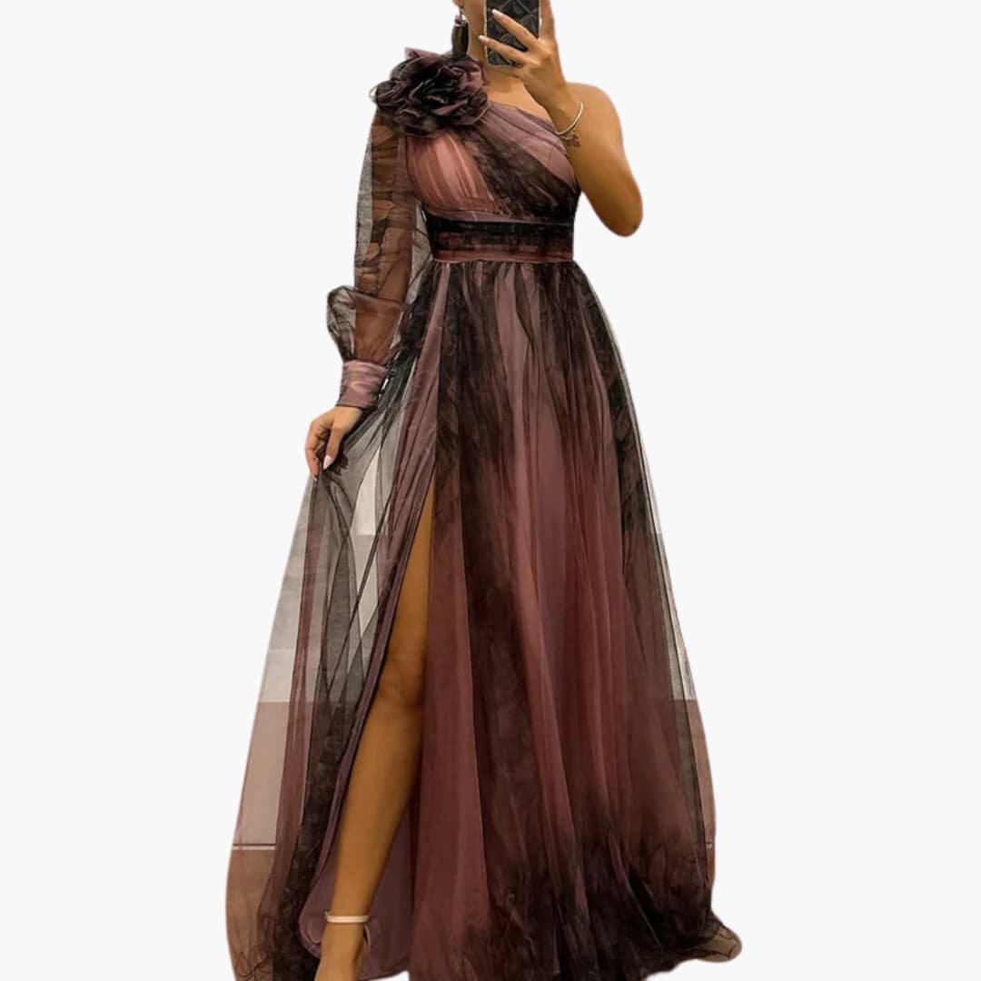 Women's One-Shoulder Maxi Dress – Mesh Print Elegant Evening Gown