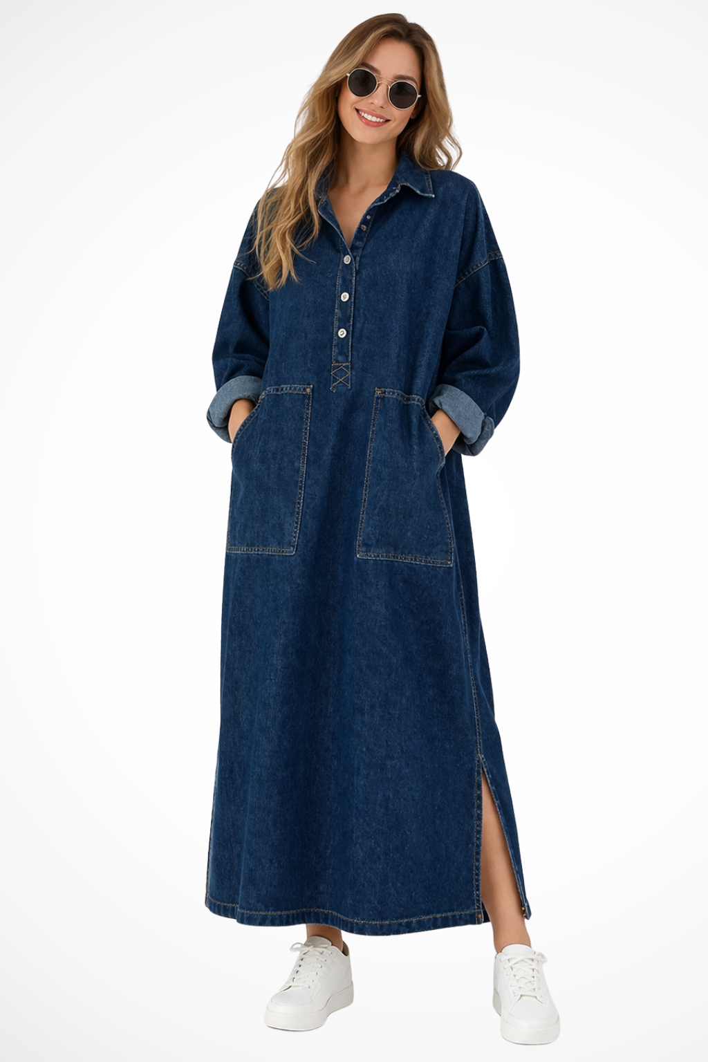 Women's Oversized Collared Denim Maxi Dress – Long Sleeve Pocket Style