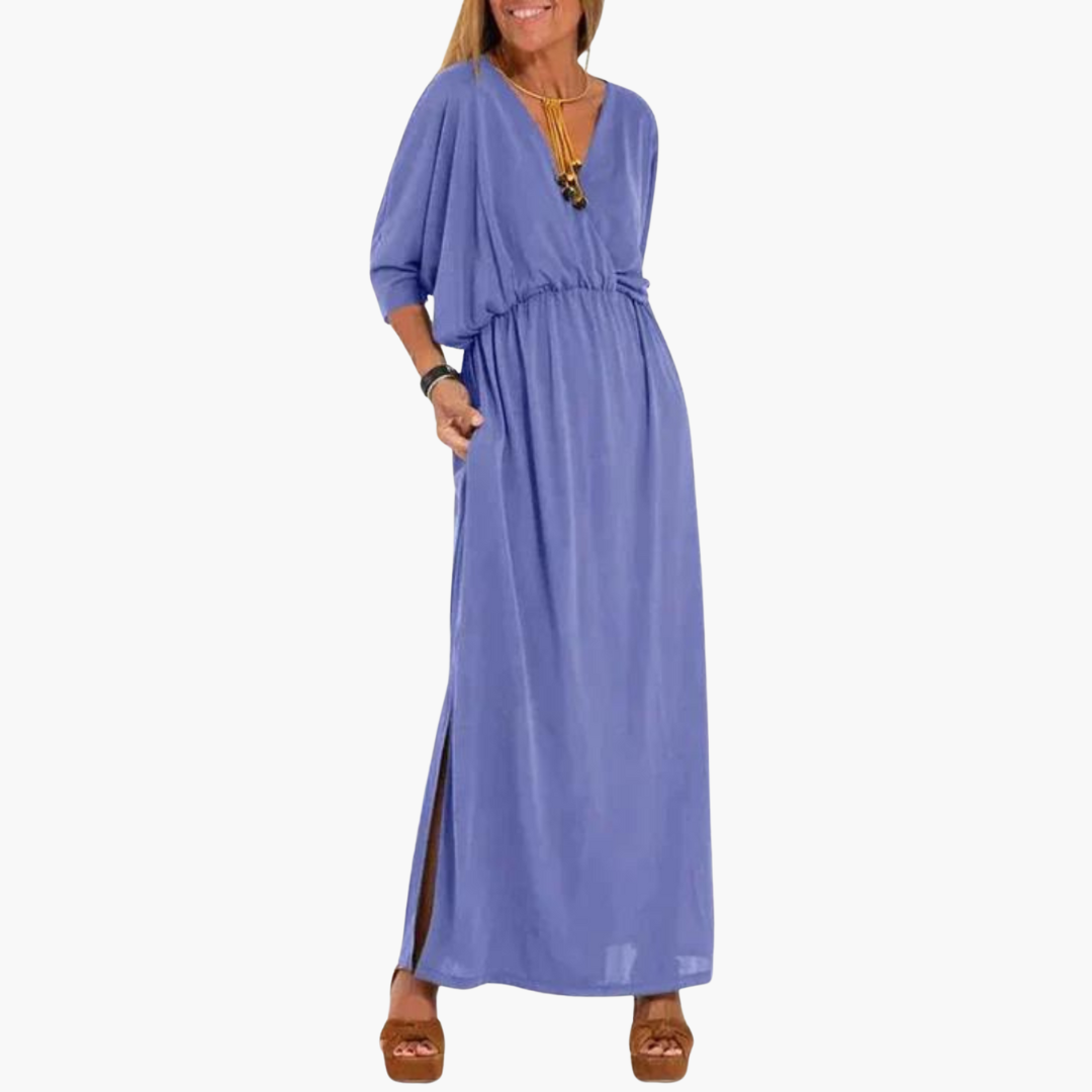 Women's V-Neck Dress with 3/4 Sleeves – Elegant Versatile Everyday Style