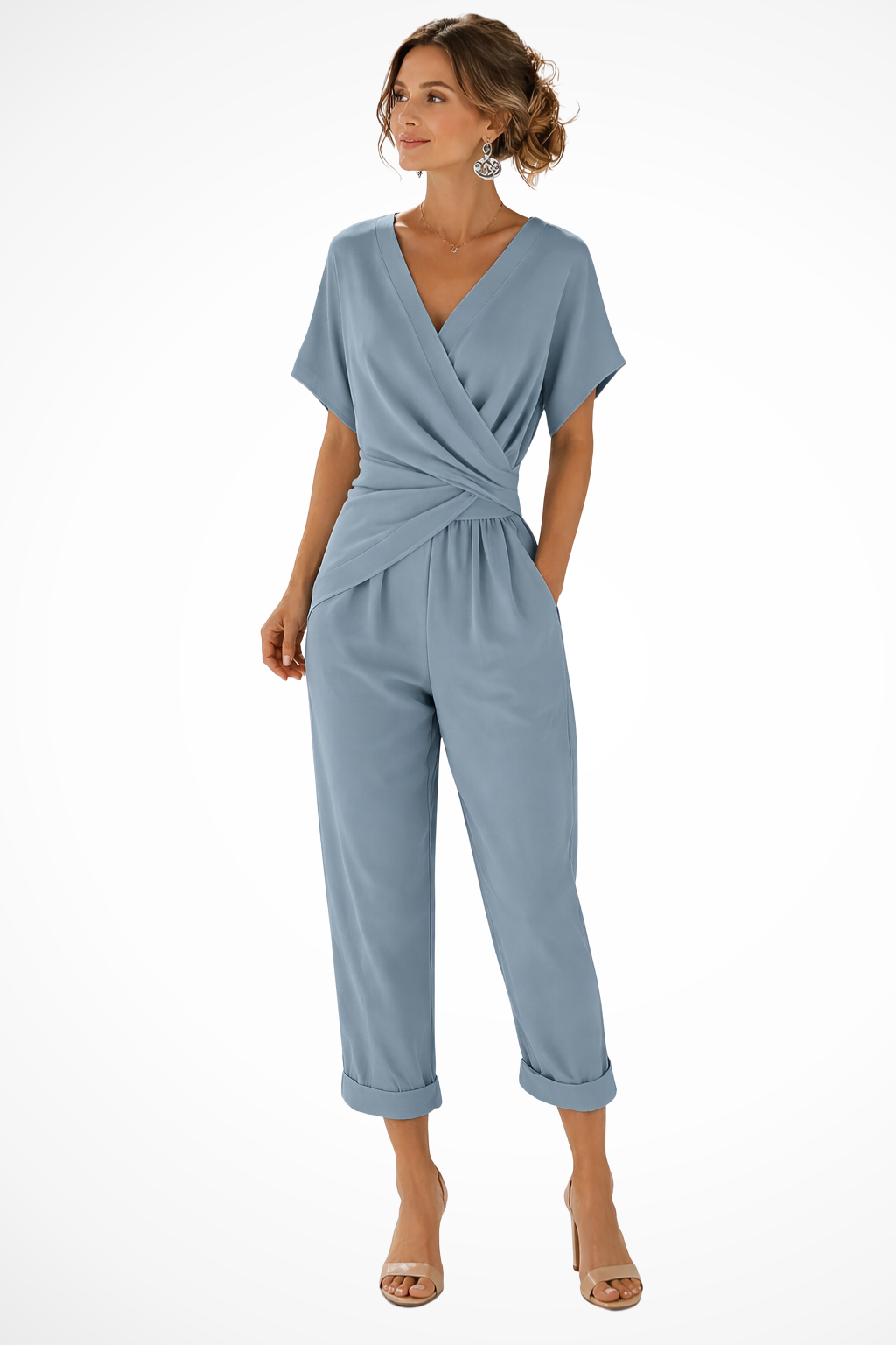 Women's Wrap Front Cropped Jumpsuit – Short Sleeve Pocket Style