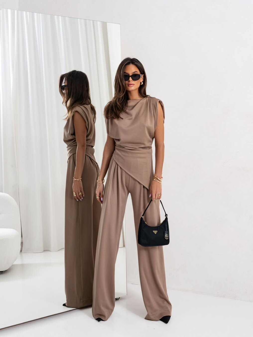 Women's Draped Top and Wide Leg Pants Set – Elegant Two-Piece Style