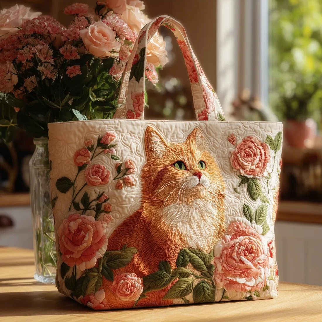 Ginger Cat & Pink Roses Quilted Bag – Romantic Everyday Accessory