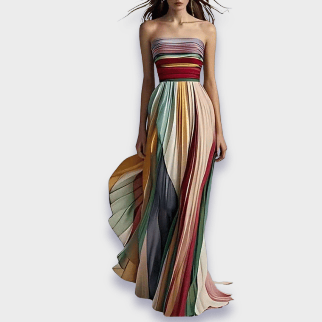 Women's Colorblock Pleated Strapless Maxi Dress – Elegant Occasion Style