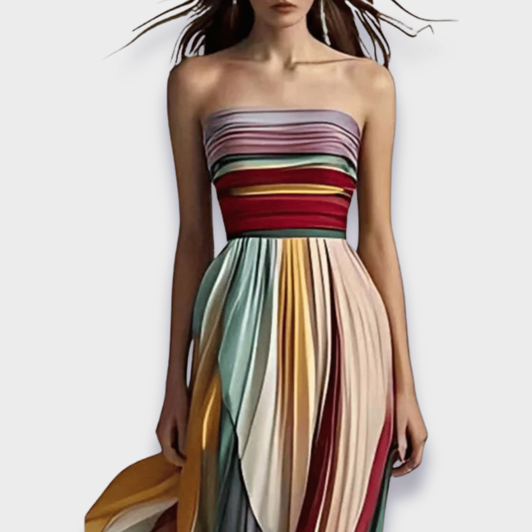 Women's Colorblock Pleated Strapless Maxi Dress – Elegant Occasion Style