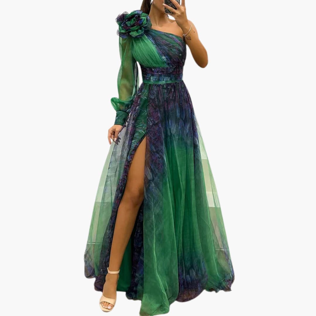 Women's One-Shoulder Maxi Dress – Mesh Print Elegant Evening Gown