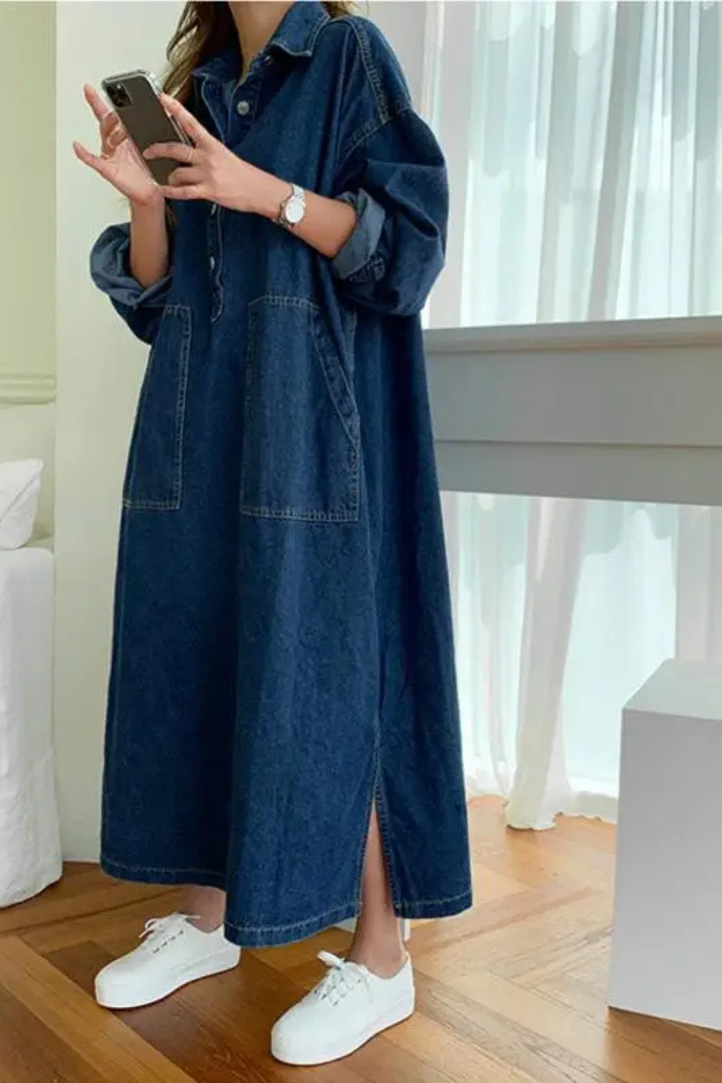 Women's Oversized Collared Denim Maxi Dress – Long Sleeve Pocket Style