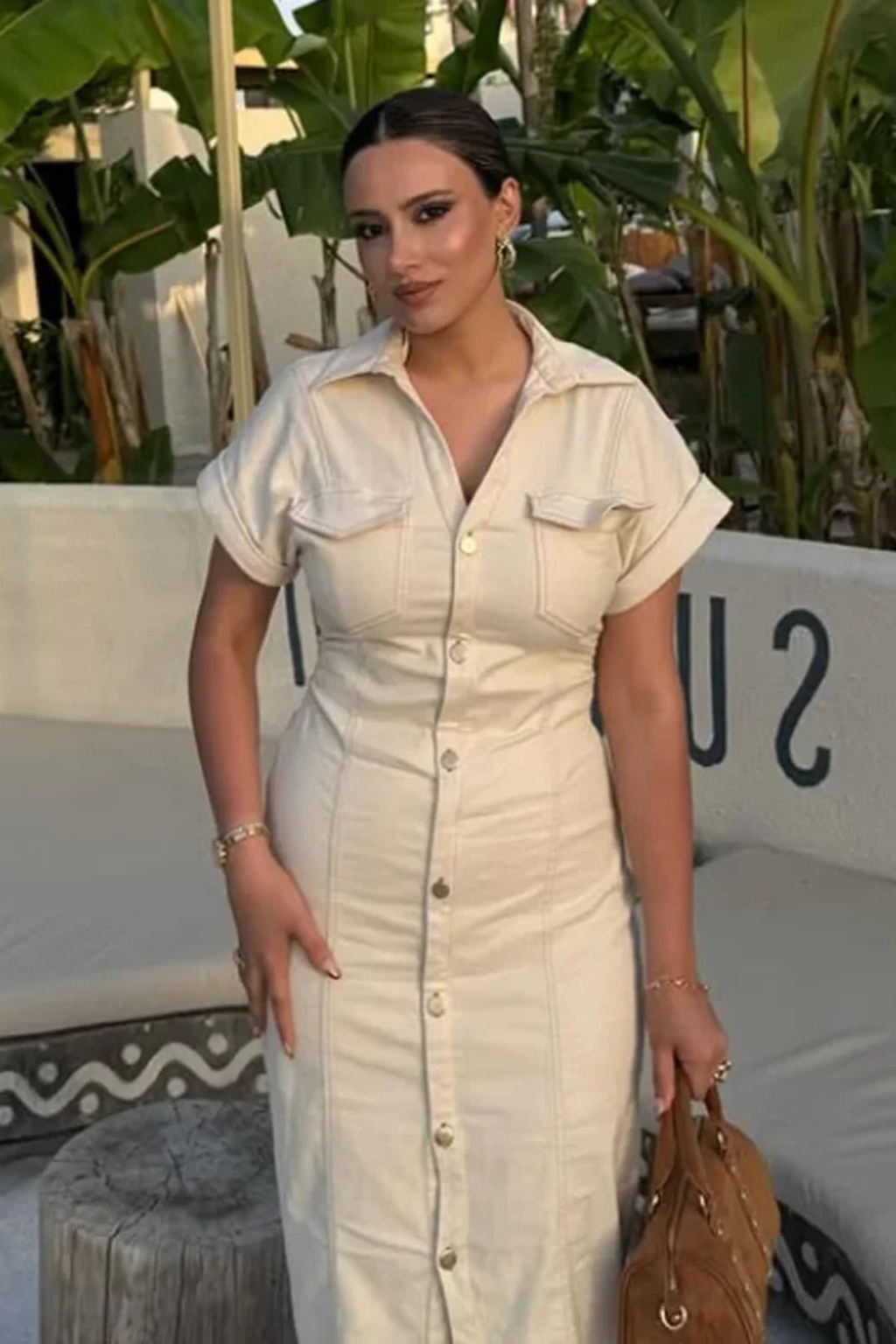 Women's Fitted Denim Midi Shirt Dress – Button-Through Short Sleeve Style