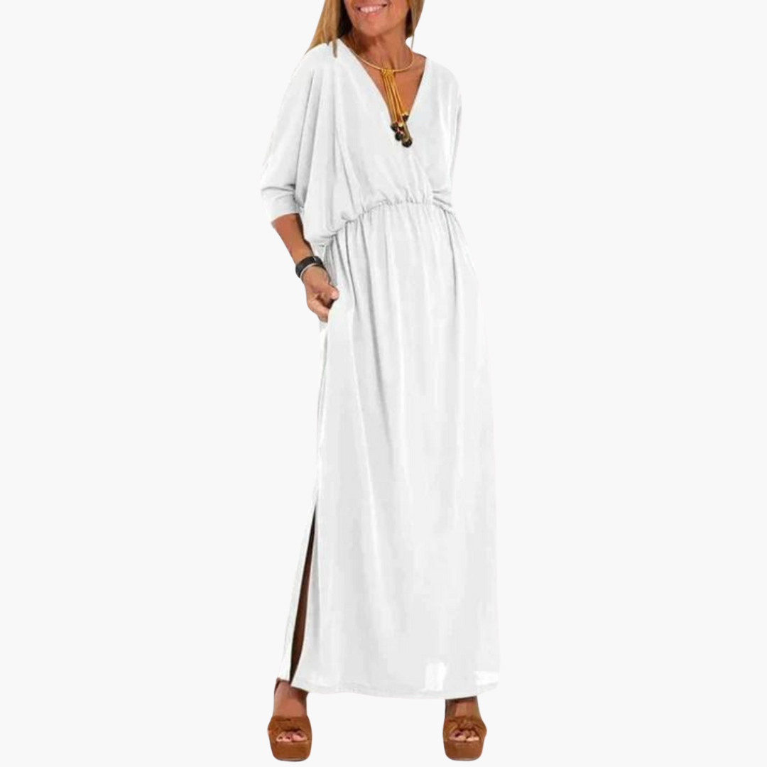Women's V-Neck Dress with 3/4 Sleeves – Elegant Versatile Everyday Style