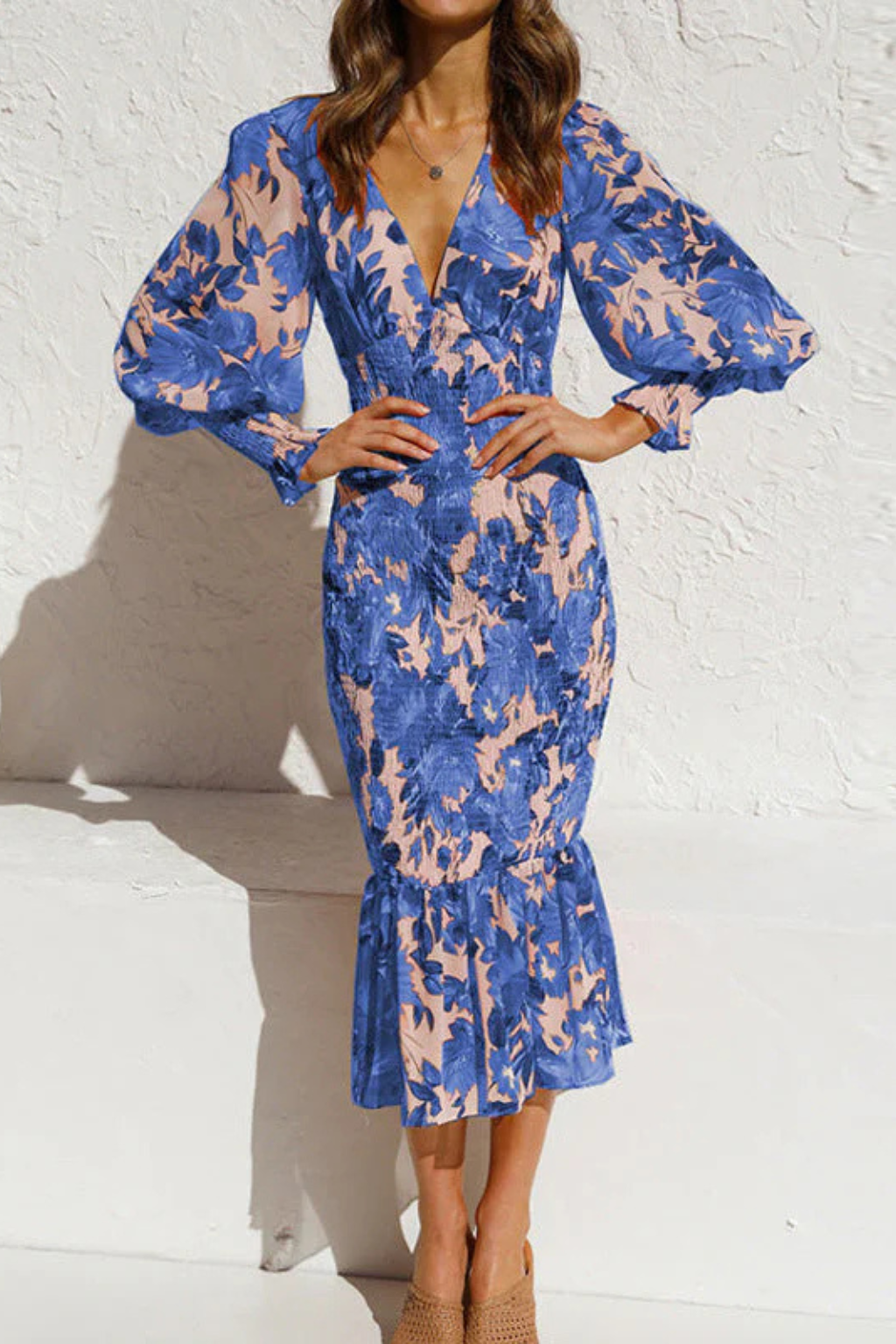 Women's Floral V-Neck Midi Dress – Long Sleeve Summer Style