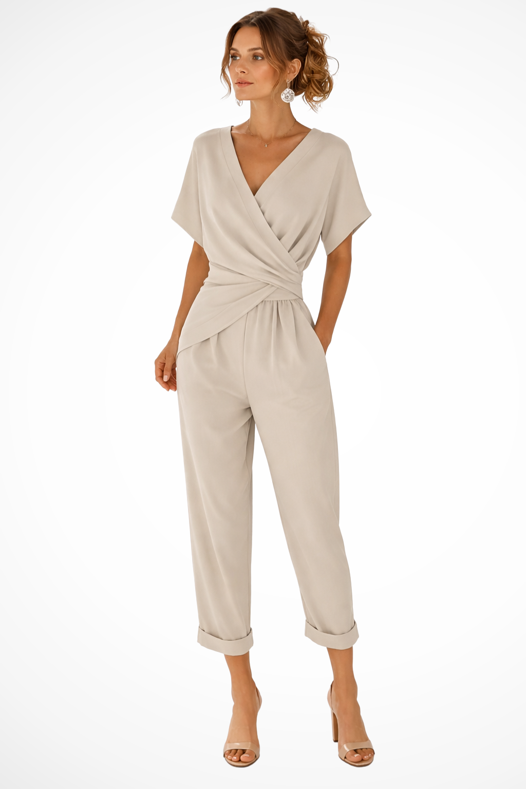 Women's Wrap Front Cropped Jumpsuit – Short Sleeve Pocket Style