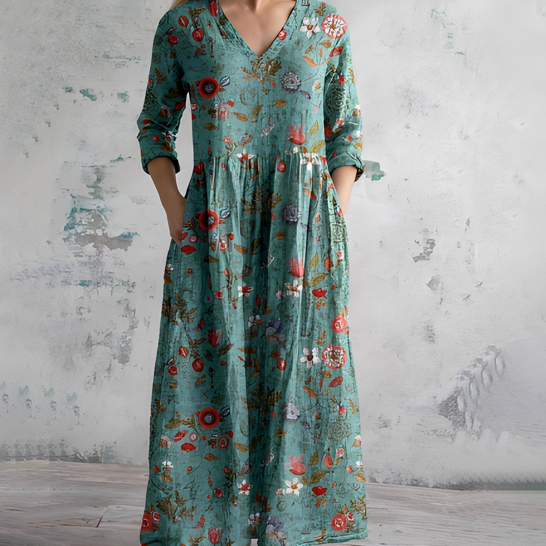 Women's Bohemian Print Maxi Dress – Long Sleeve V-Neck with Pockets