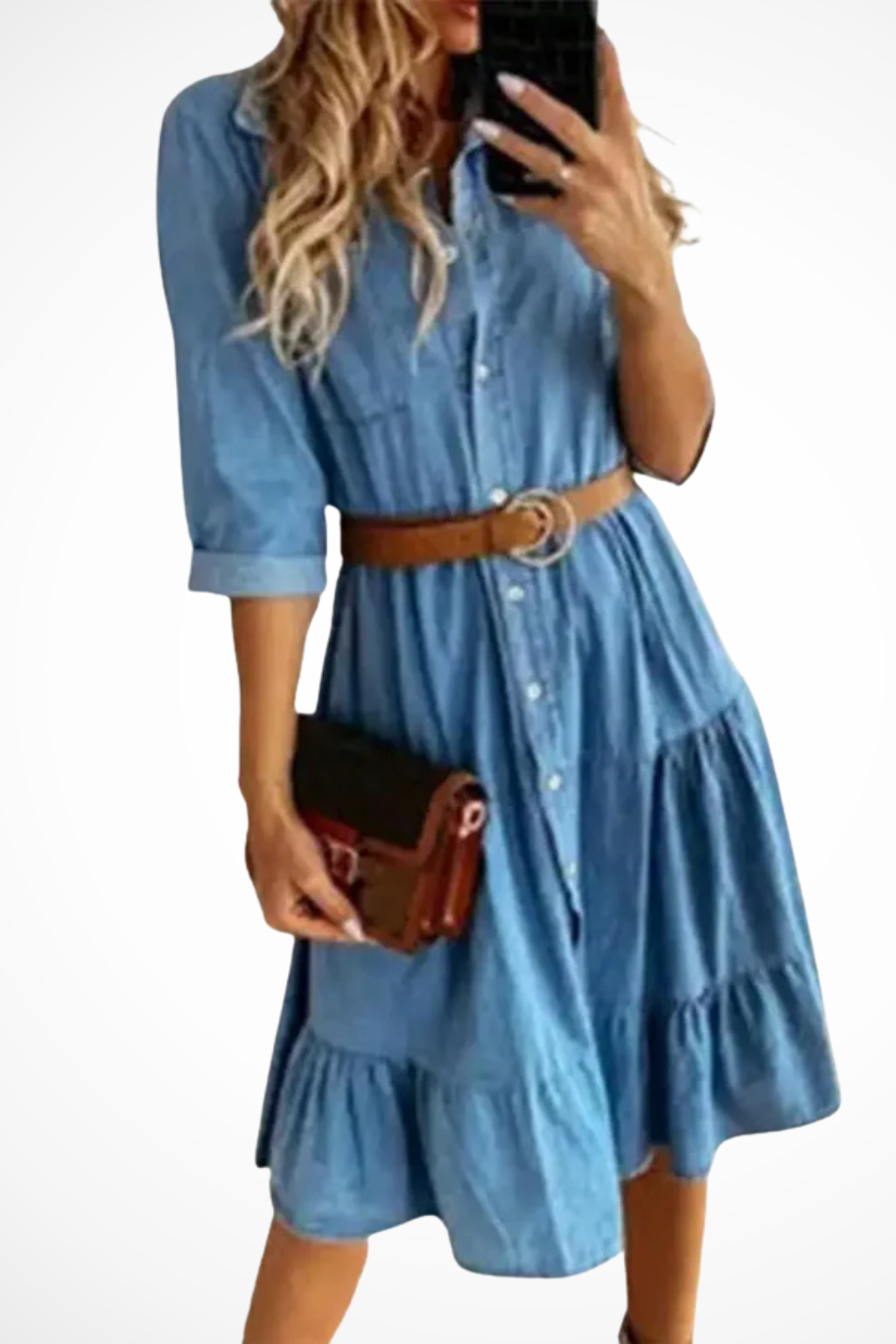 Women's Denim Tiered Midi Shirt Dress – Belted Casual Style
