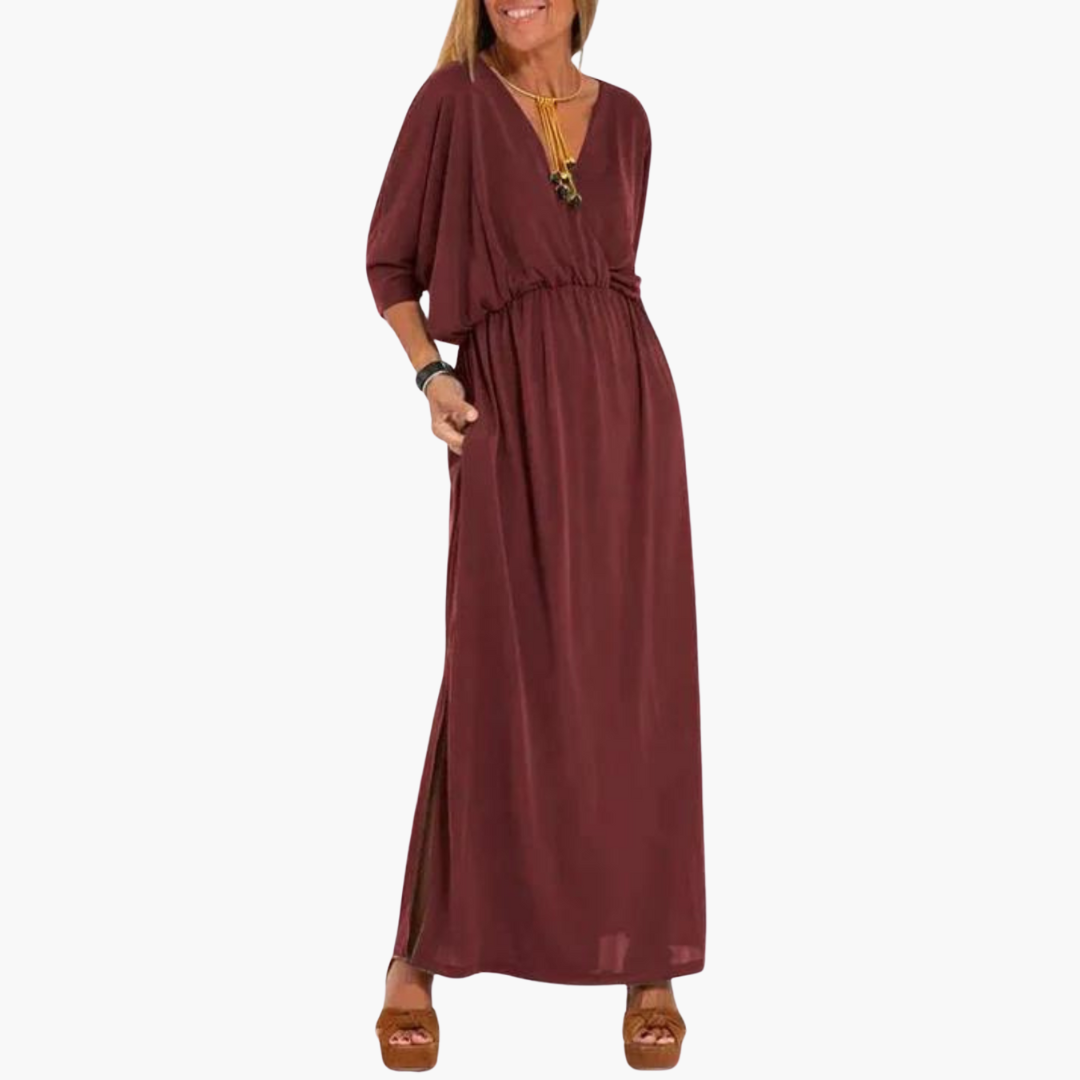 Women's V-Neck Dress with 3/4 Sleeves – Elegant Versatile Everyday Style
