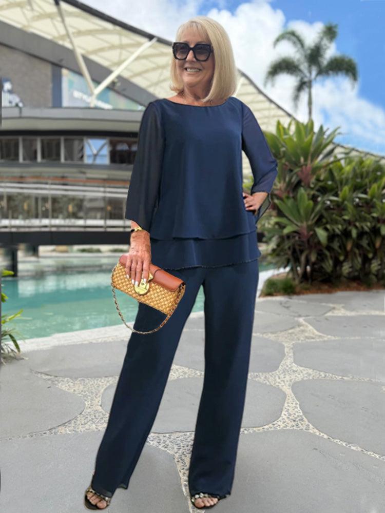 Women's Elegant Two-Piece Set – 3/4 Sleeve Top and Comfortable Pants Style