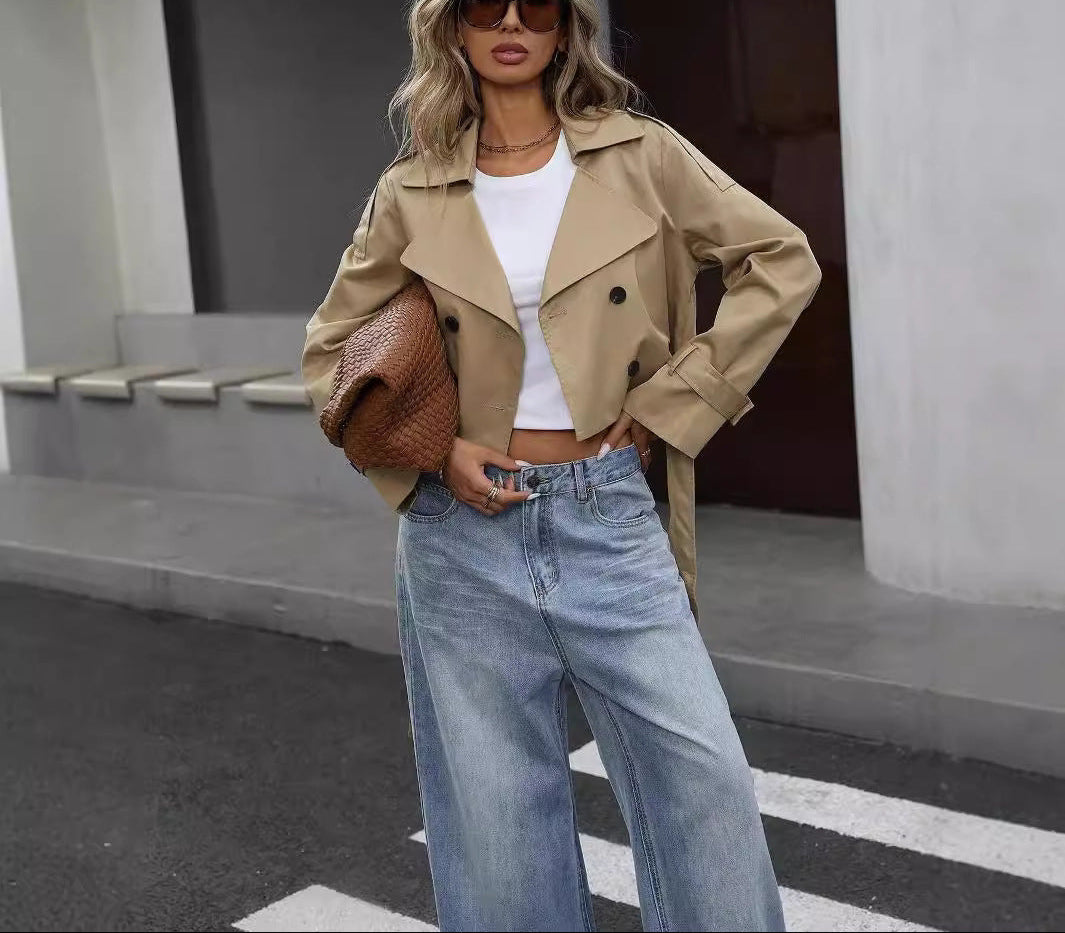 Women's Cropped Double-Breasted Trench Jacket – Chic Layering Style