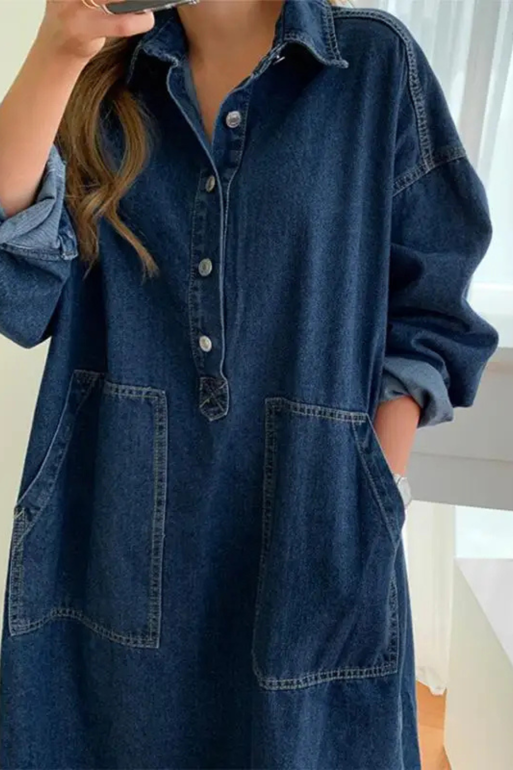 Women's Oversized Collared Denim Maxi Dress – Long Sleeve Pocket Style