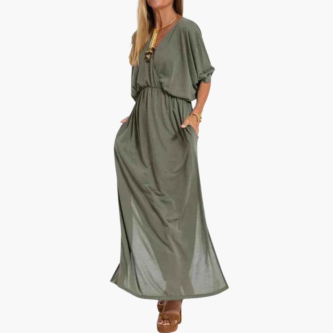 Women's V-Neck Dress with 3/4 Sleeves – Elegant Versatile Everyday Style