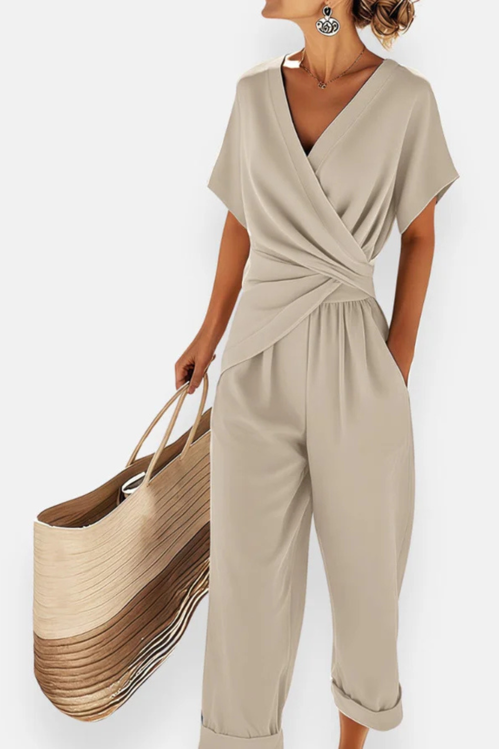 Women's Wrap Front Cropped Jumpsuit – Short Sleeve Pocket Style