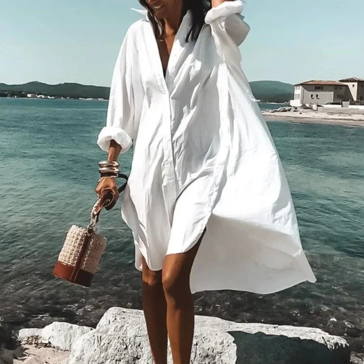 Women's White Flowy Shirt Dress – Trendy Lightweight Casual Chic