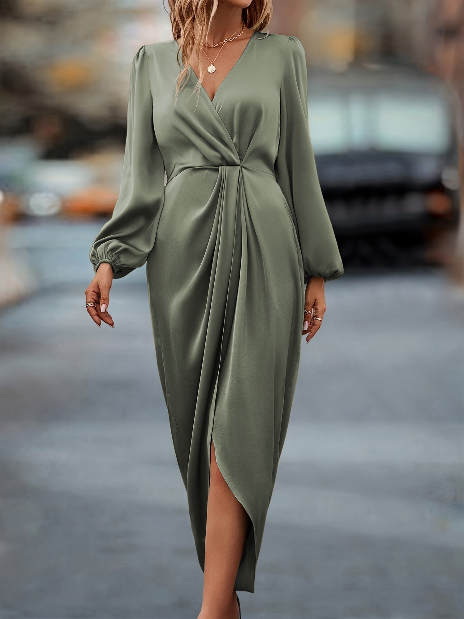 Women's Satin Balloon Sleeve Midi Dress – Asymmetric Hem Elegant Evening Gown