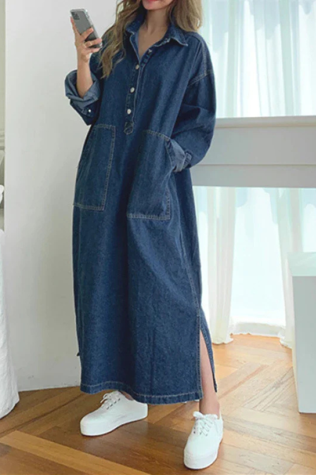 Women's Oversized Collared Denim Maxi Dress – Long Sleeve Pocket Style
