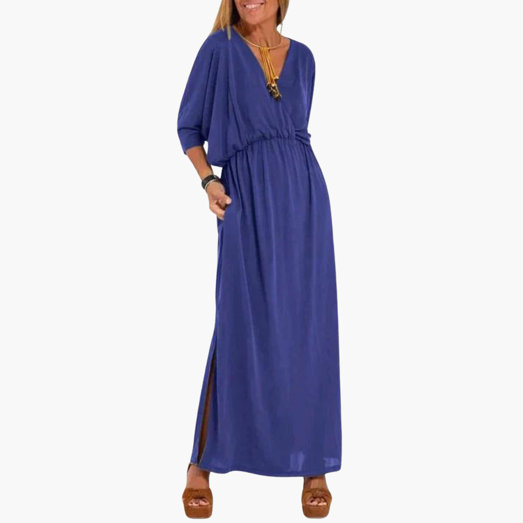 Women's V-Neck Dress with 3/4 Sleeves – Elegant Versatile Everyday Style