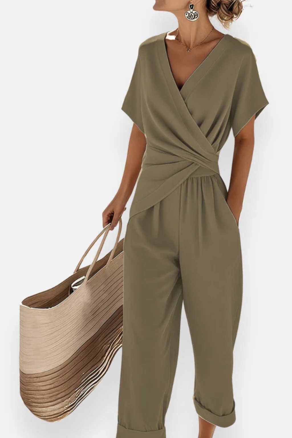 Women's Wrap Front Cropped Jumpsuit – Short Sleeve Pocket Style