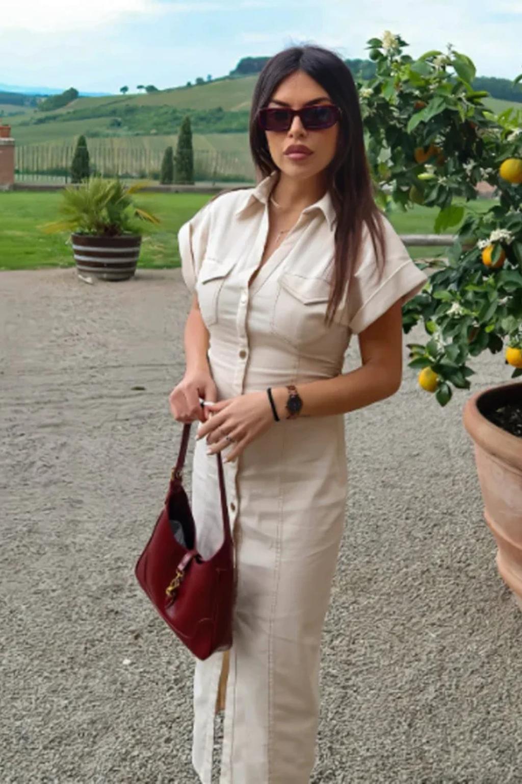 Women's Fitted Denim Midi Shirt Dress – Button-Through Short Sleeve Style