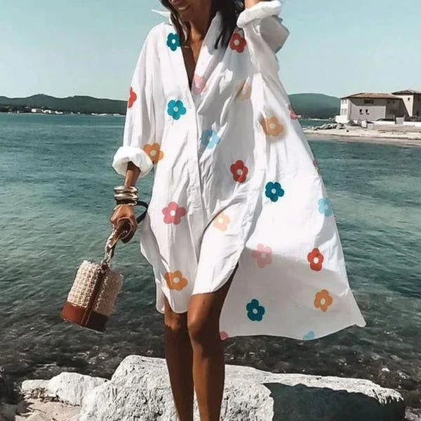 Women's White Flowy Shirt Dress – Trendy Lightweight Casual Chic