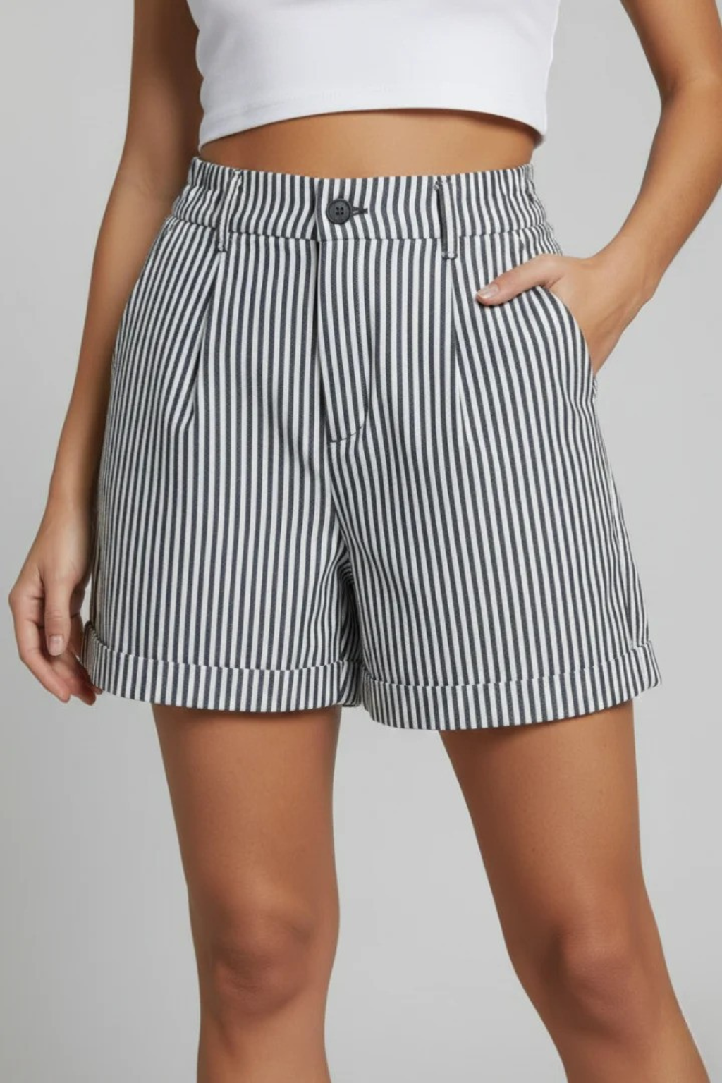 Women's Tailored Striped Shorts – High Waist Button Detail Style