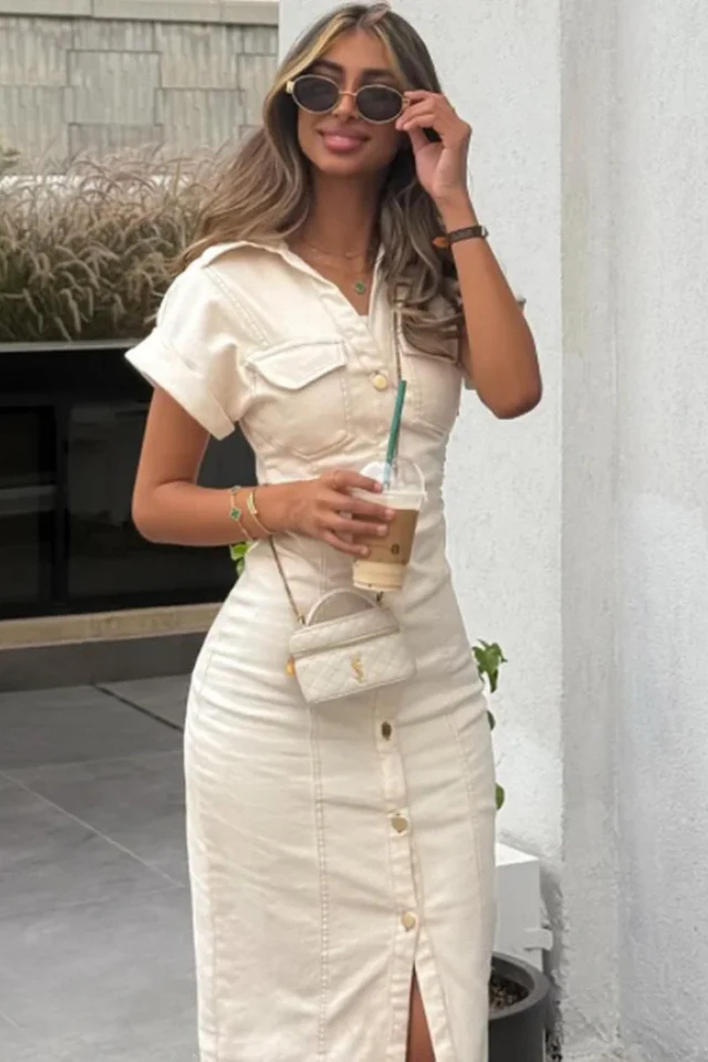 Women's Fitted Denim Midi Shirt Dress – Button-Through Short Sleeve Style