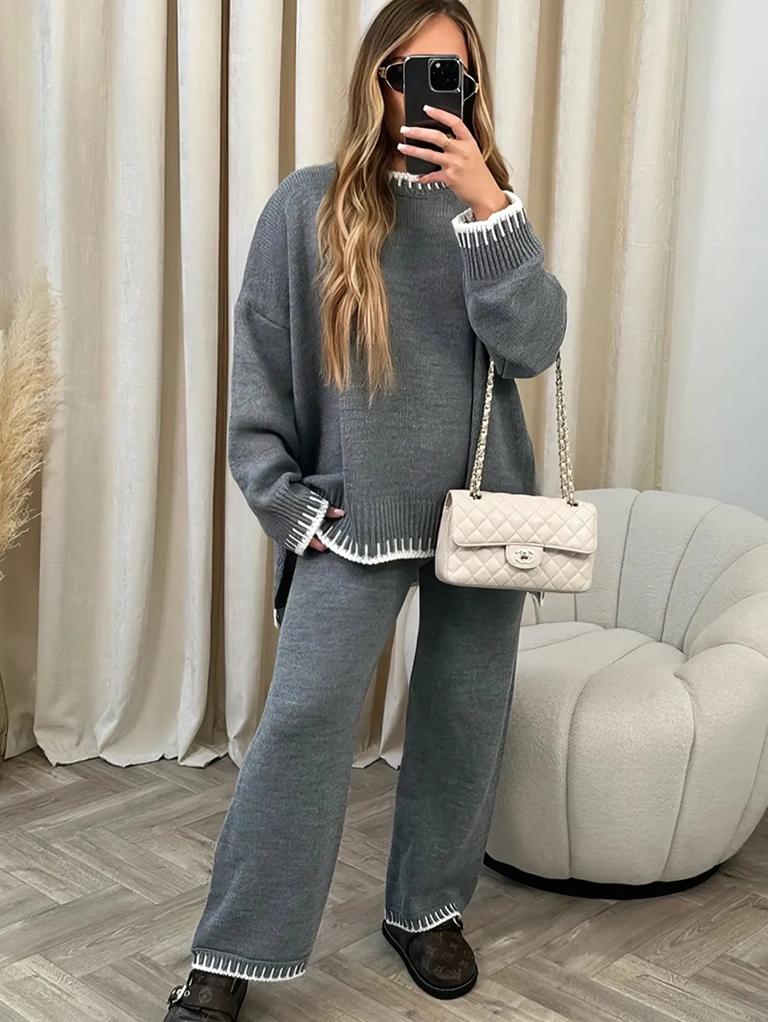 Women's Contrast Trim Knit Lounge Set – Cozy Two-Piece Style