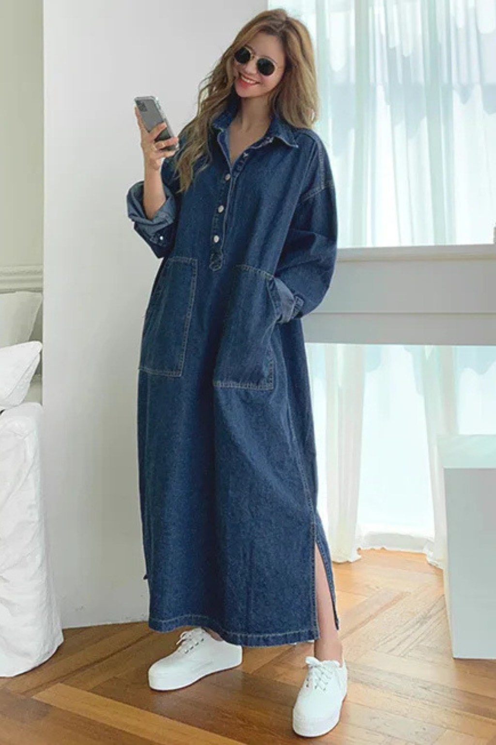 Women's Oversized Collared Denim Maxi Dress – Long Sleeve Pocket Style