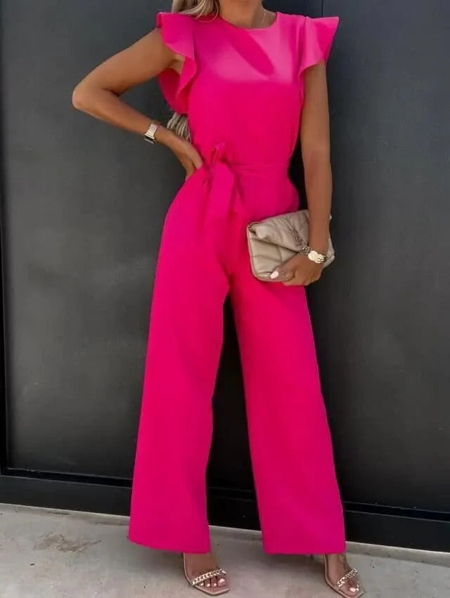Women's Butterfly Sleeve Jumpsuit – Belted Wide Leg Elegant Style