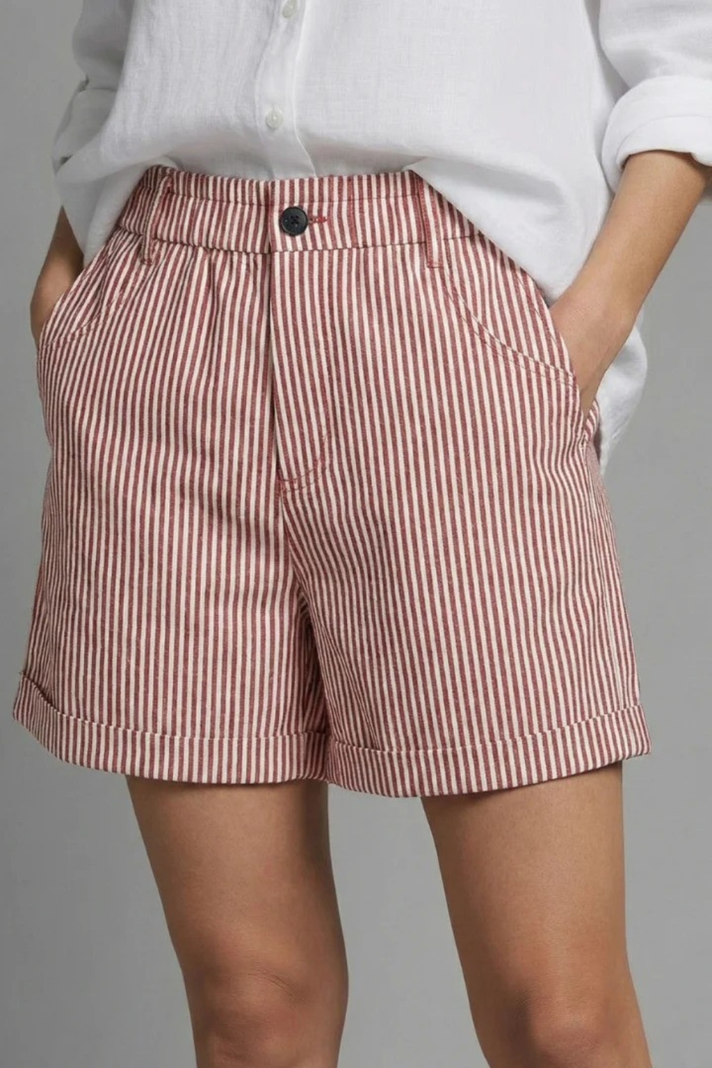 Women's Tailored Striped Shorts – High Waist Button Detail Style