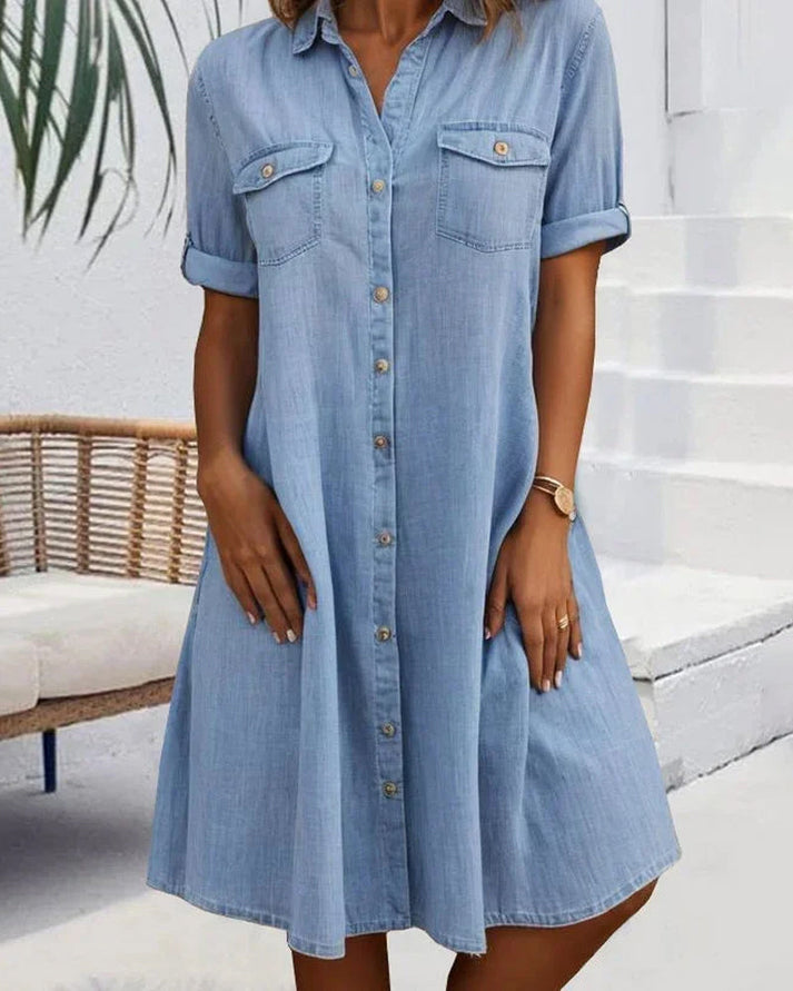 Women's Denim Shirt Midi Dress – Lightweight Casual Everyday Chic Style