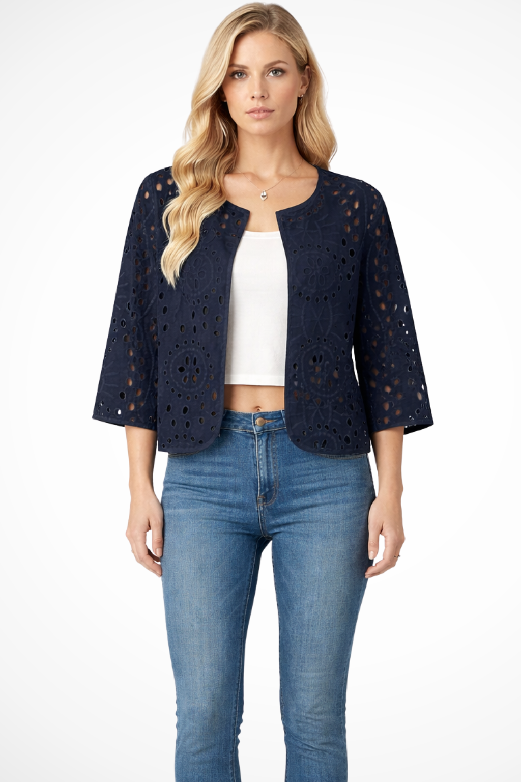 Women's Cropped Crochet Cardigan – Broderie Anglaise Detail Style