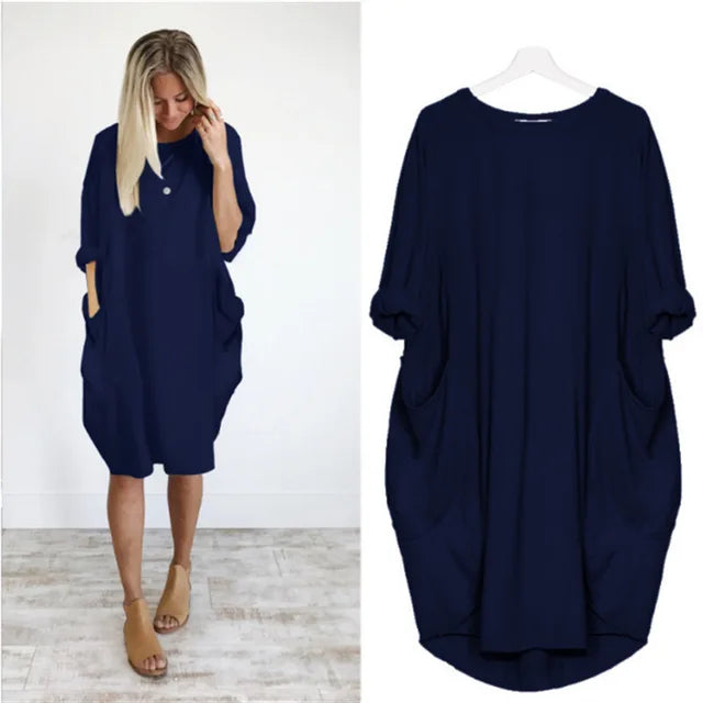 Women's Oversized Cotton Midi Dress – Long Sleeve Casual Relaxed Fit
