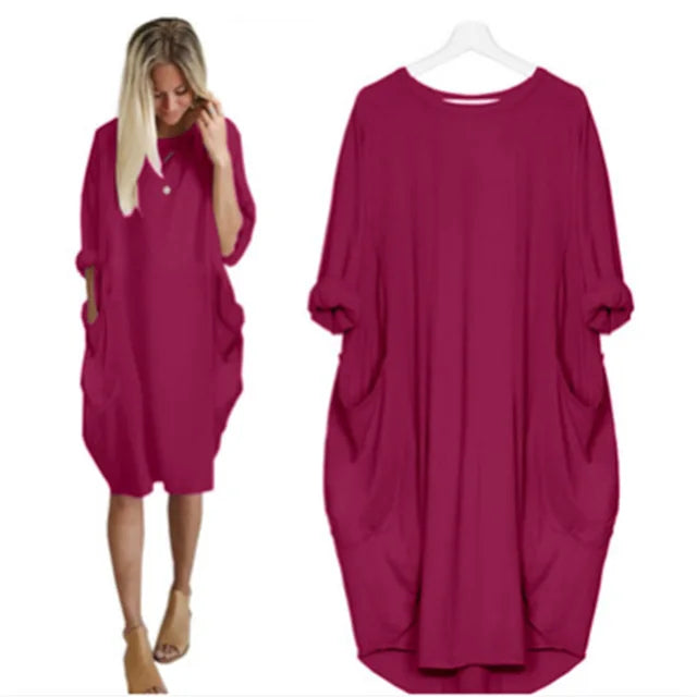Women's Oversized Cotton Midi Dress – Long Sleeve Casual Relaxed Fit
