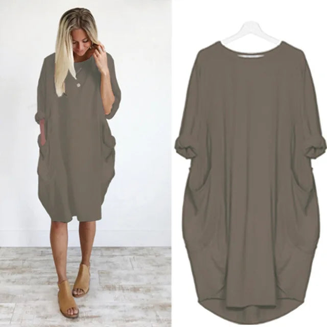 Women's Oversized Cotton Midi Dress – Long Sleeve Casual Relaxed Fit