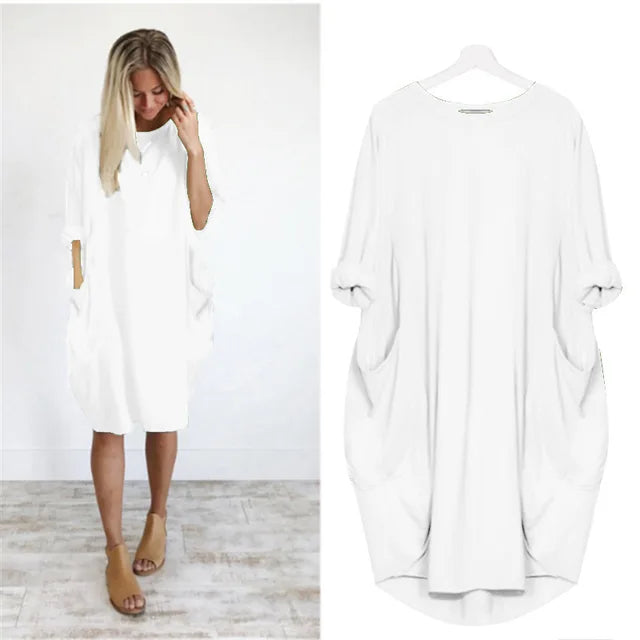 Women's Oversized Cotton Midi Dress – Long Sleeve Casual Relaxed Fit